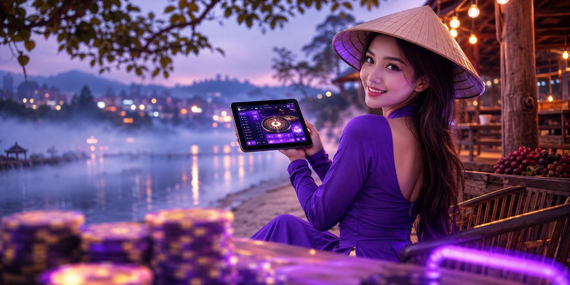 Người phụ nữ đội nón lá tại Đà Lạt ngồi thư giãn và tham gia chọn số xổ số trực tuyến