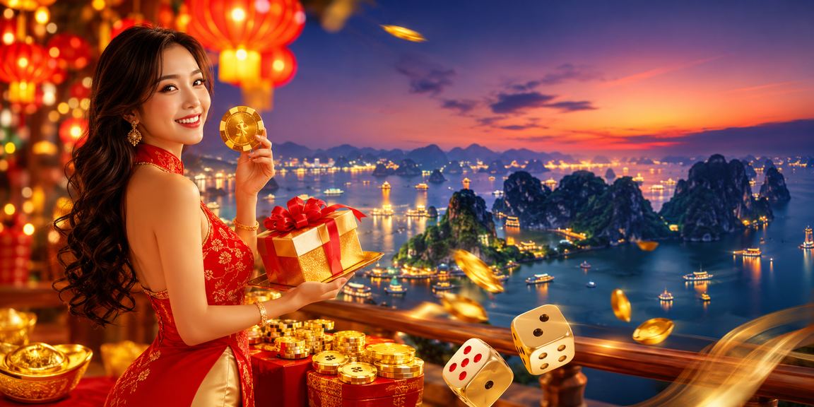 Khung cảnh vịnh Hạ Long với người chơi tham gia tài xỉu và trò chơi dịp lễ tết trực tuyến
