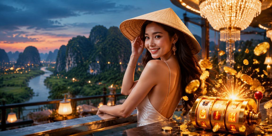 Phong cảnh Ninh Bình với người chơi game số và slot trực tuyến trên điện thoại di động
